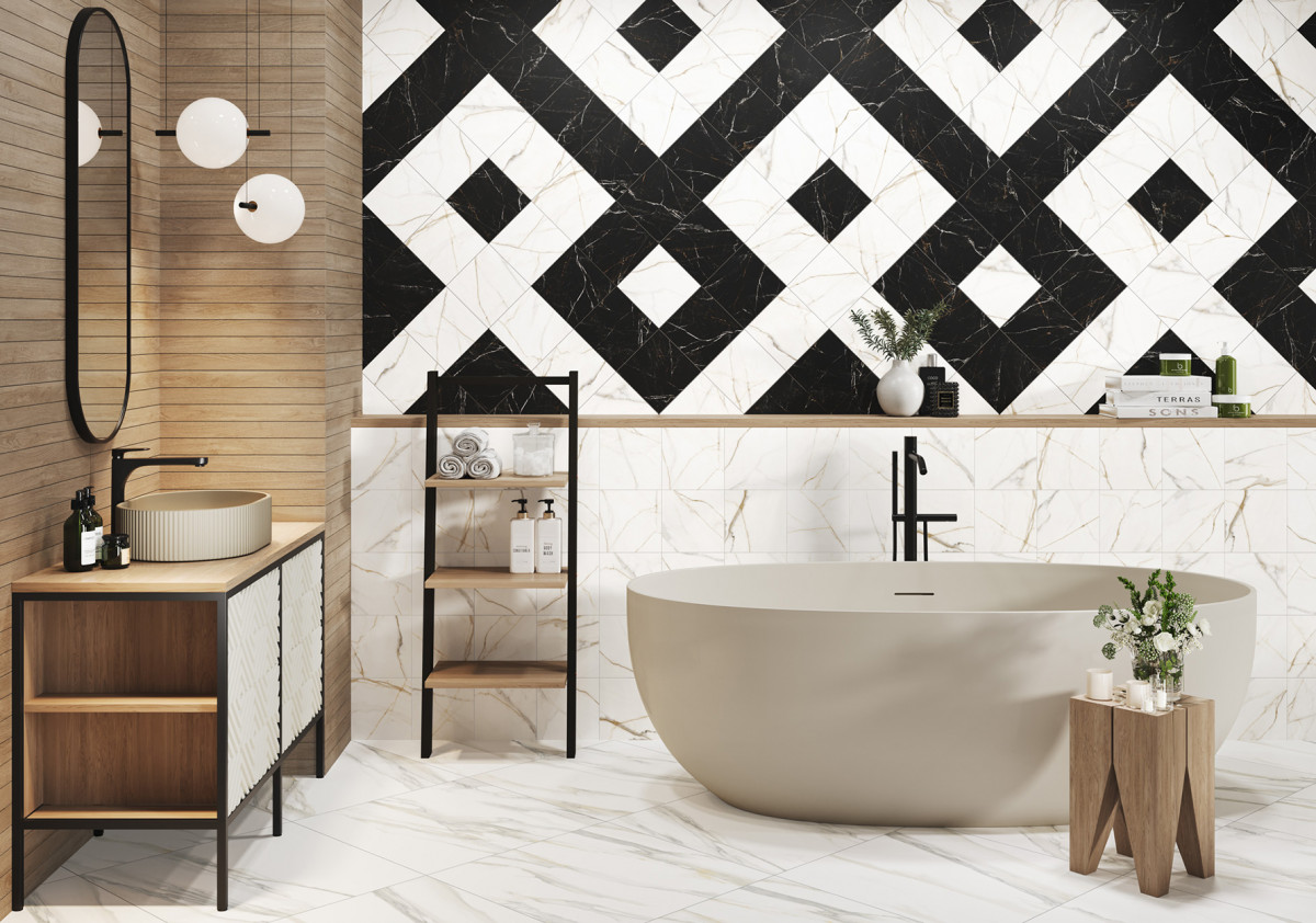 Керамогранит Design Art 200x200 на стенах в ванной. Фото 19