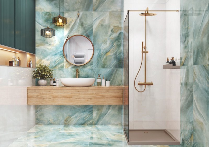Керамогранит Illusion Flow lcm 600x1200 на стене ванной
