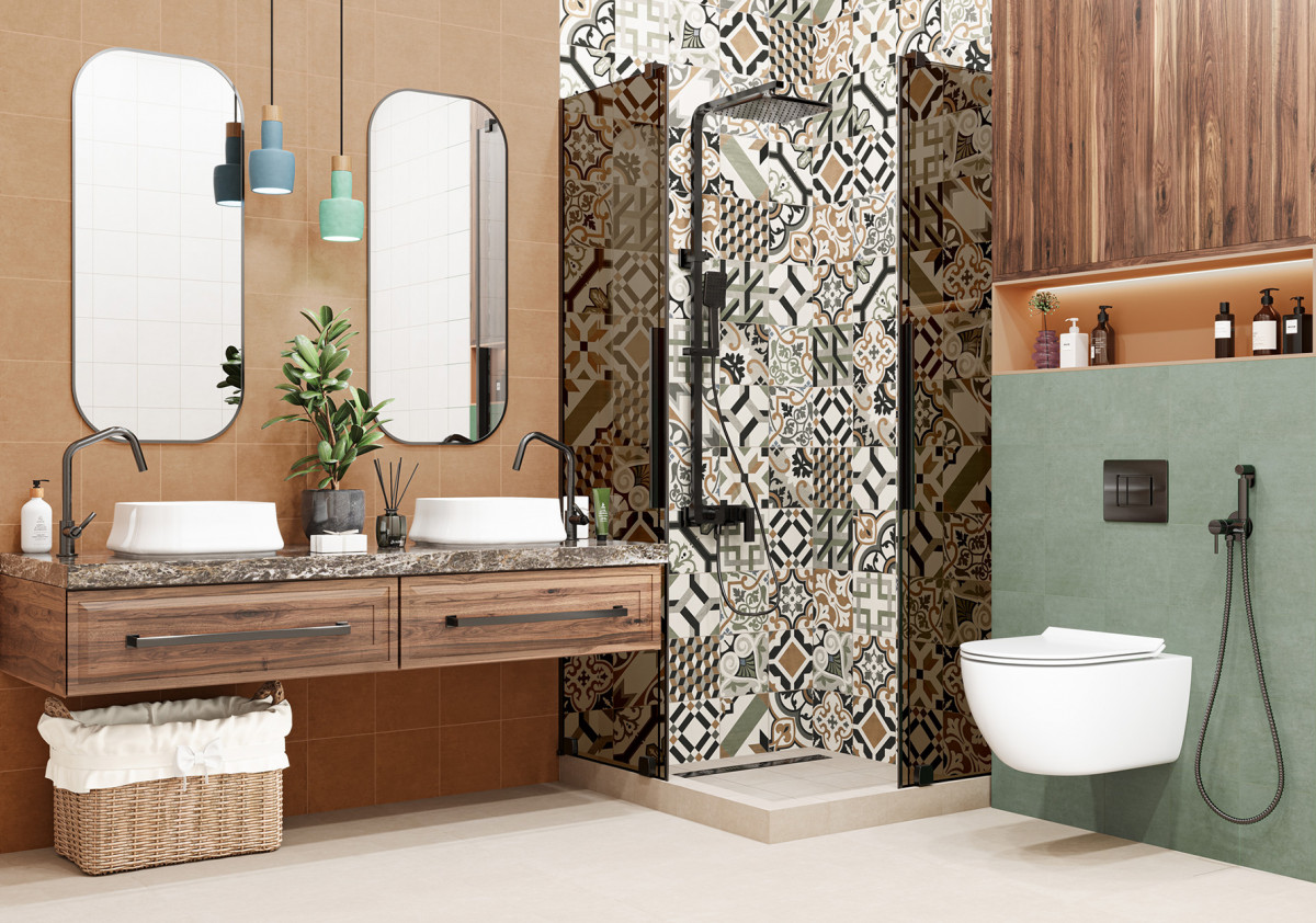 Керамогранит Design Art 200x200 на стенах в ванной. Фото 1