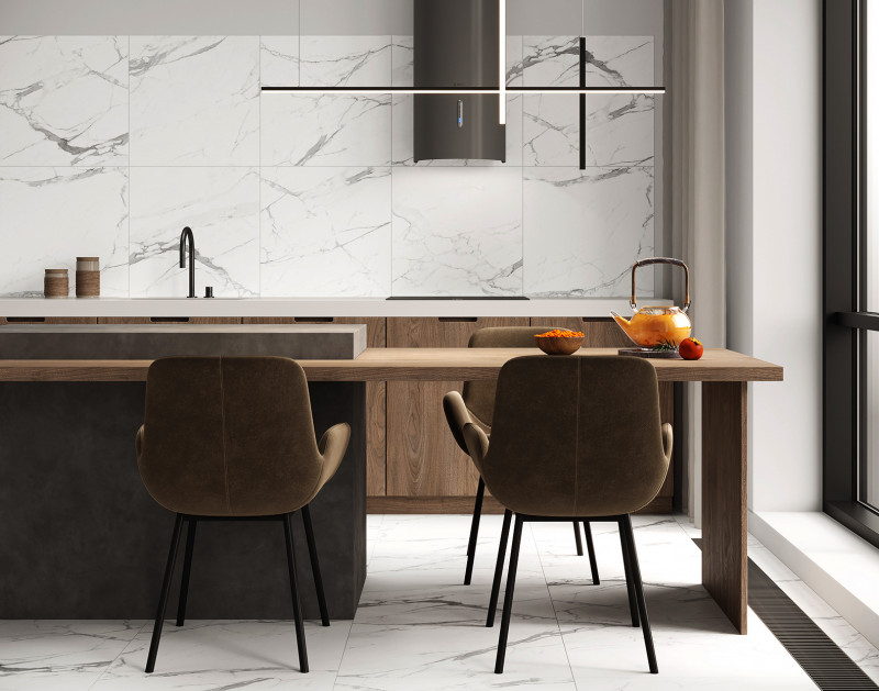 Керамогранит Carrara Terrific Silver Ceradim 600х600 на фартуке кухни