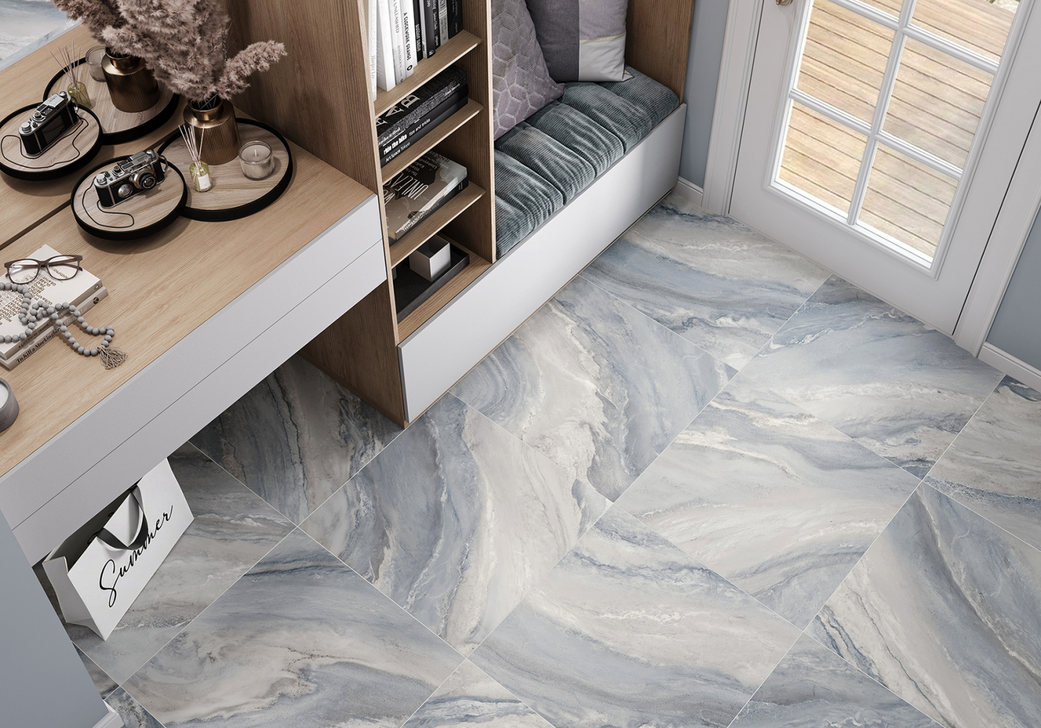 Керамогранит Вуаль Alma Ceramica голубой на полу в коридоре