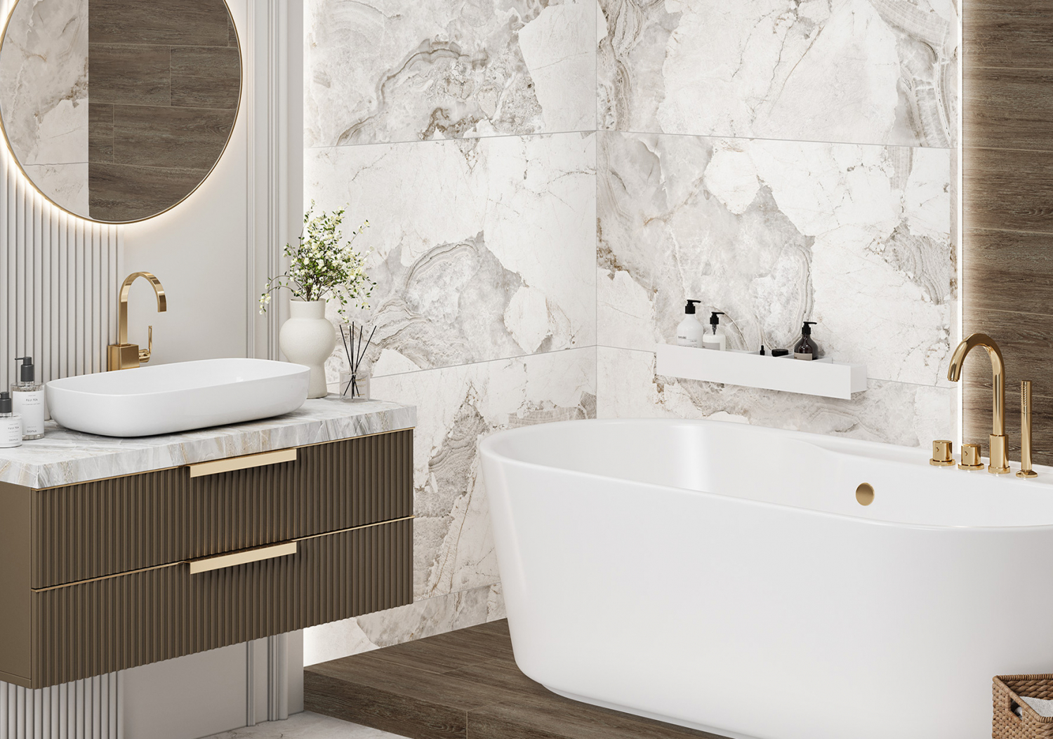 Керамогранит Патагония Айс 600x1200 Alma Ceramica на стенах в ванной