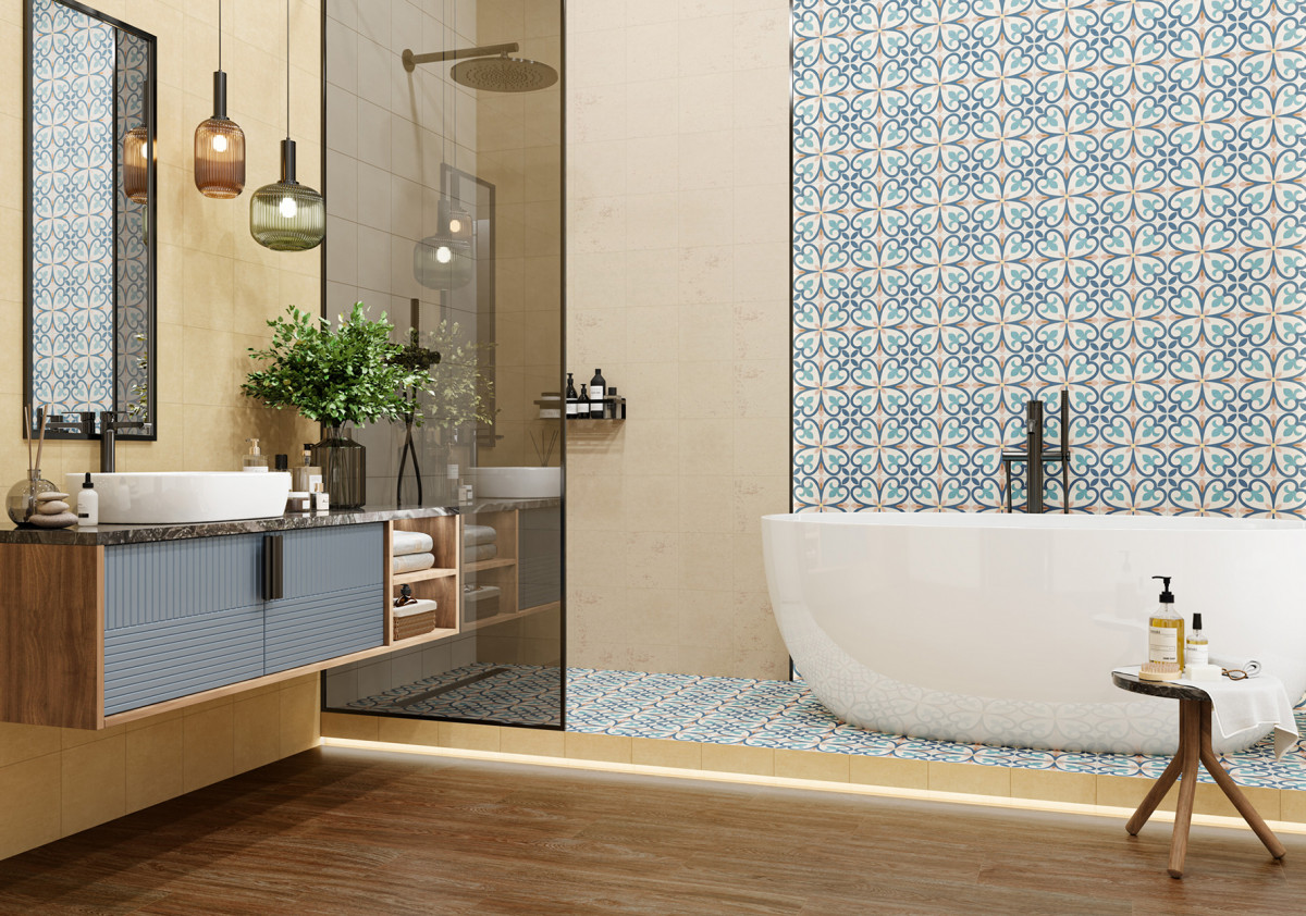 Керамогранит Design Art 200x200 на стенах в ванной. Фото 17