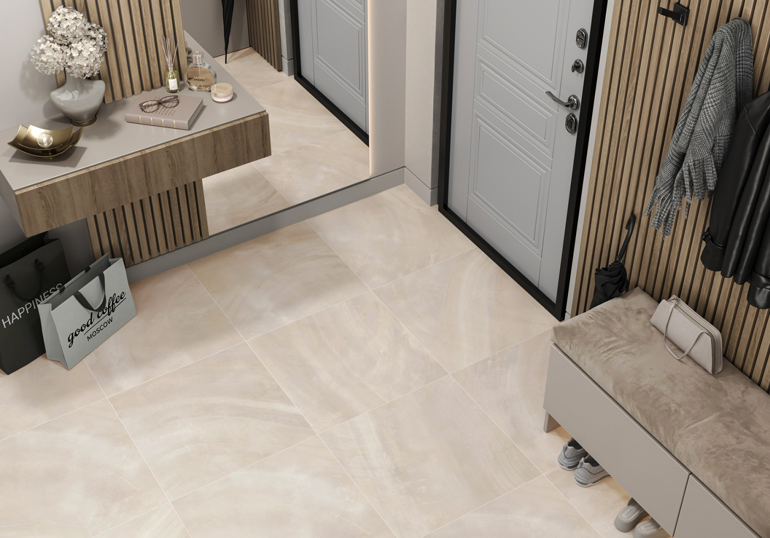 Керамогранит Вуаль Alma Ceramica бежевый на полу в кухне